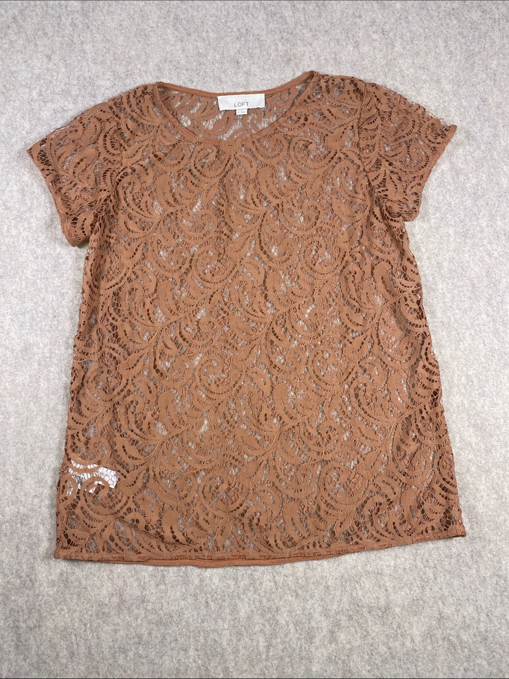 LOFT Brown Cognac Paisley Lace Sheer Short Sleeve Top Small NWOT